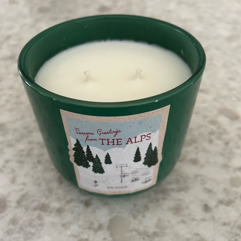 “New” DW Home Green Candle with Alpine Scene 13.9 oz